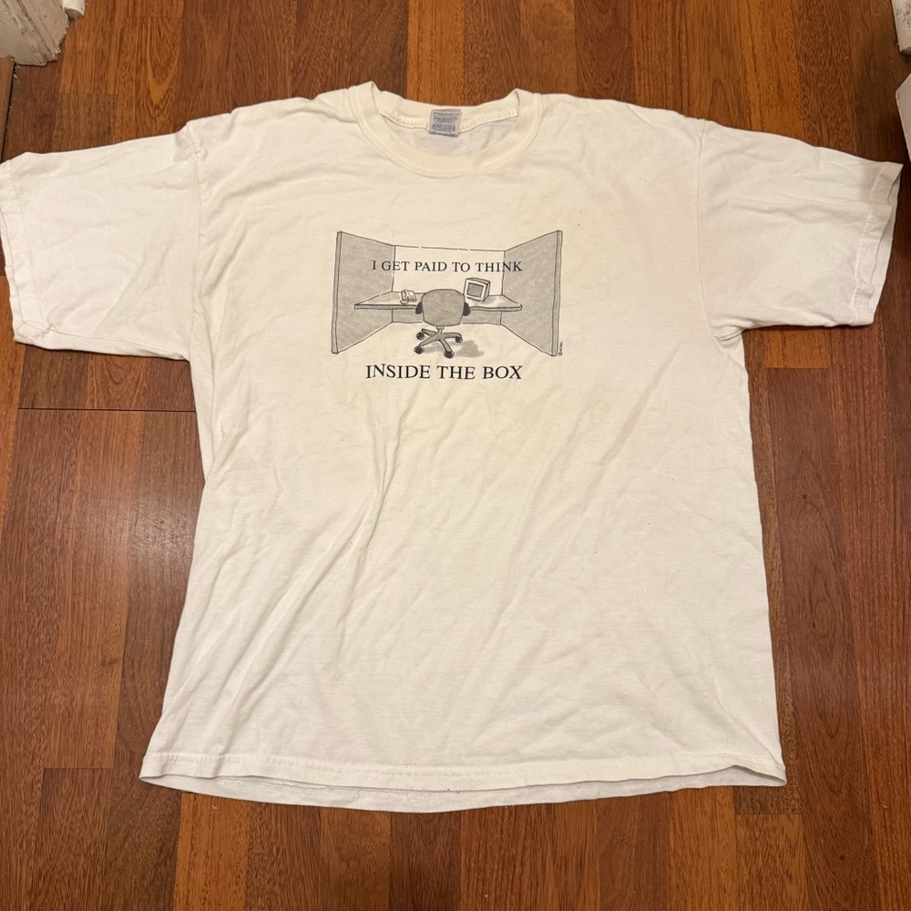 Vintage I get paid to think inside the box parody tee